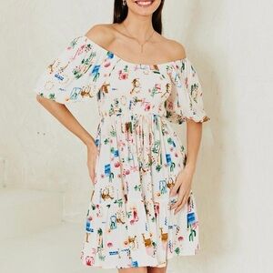 Iris Maki Off-Shoulder White Dress with Colorful Print